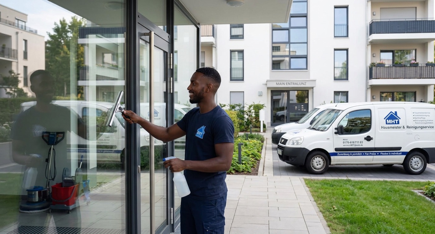 Fensterreinigung am Eingangsbereich eines Wohnhauses